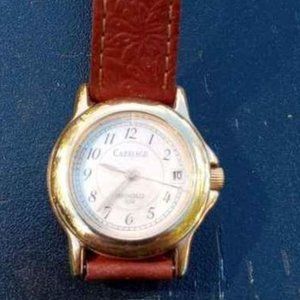 VINTAGE GOLD TONE BROWN LEATHER BAND CARRIAGE INDIGLO LIGHT AND DATE WATCH